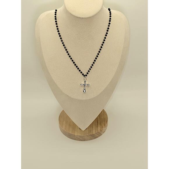 Sterling Silver Cross Necklace Adjustable Black Rosary Chain Lightweight - Picture 3 of 6